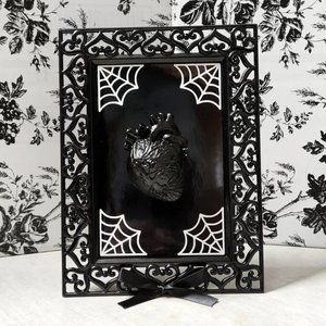 Framed Gothic 3D Black Anatomical Heart with Spiderwebs & Bow